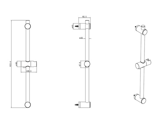 Technische Zeichnung einer Brausestange mit Maßangaben