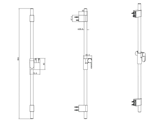 Technische Zeichnung einer Duschstange mit Maßangaben