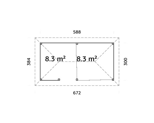 Plan d''un abri de jardin mesurant 588 sur 384 et 672 sur 300, avec une superficie de 8,3 mètres carrés par pièce