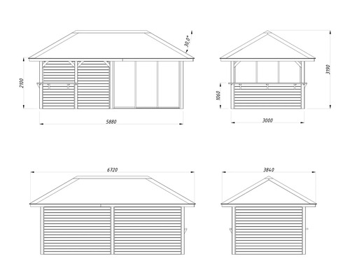 Zeichnung eines Gartenhauses mit Maßen