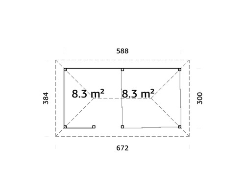 Grundrisszeichnung eines Gartenhauses mit den Maßen 384 mal 672 Zentimeter und einer Fläche von 8,3 Quadratmetern pro Raum