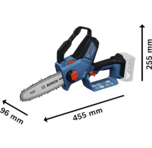 Tronçonneuse à batterie Bosch avec des dimensions de 455 mm de long, 96 mm de large et 255 mm de haut