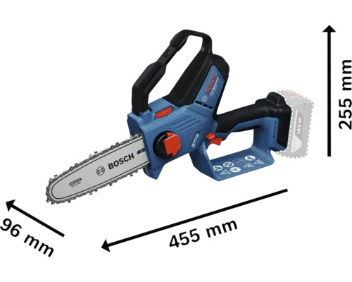 Bosch Akku-Kettensäge mit den Maßen 455 mm Länge, 96 mm Breite und 255 mm Höhe