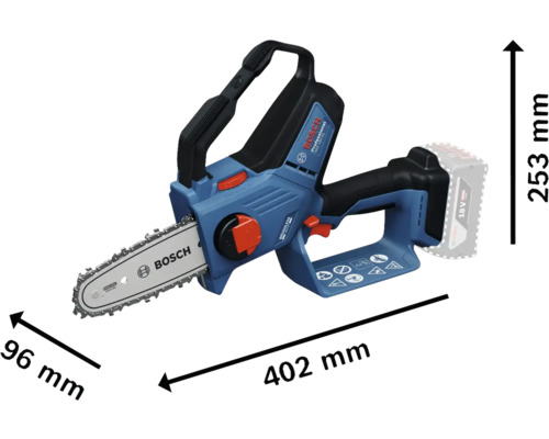 Tronçonneuse à batterie Bosch avec des dimensions de 402 mm de long, 96 mm de large et 253 mm de haut.