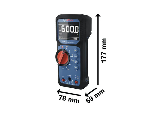 Multimètre numérique Bosch avec des dimensions de 177 mm de hauteur, 78 mm de largeur et 59 mm de profondeur.