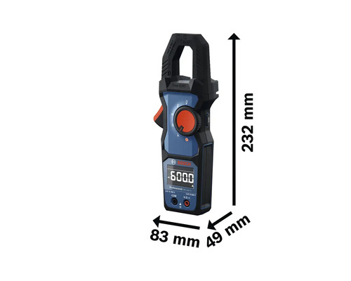 Bosch Strommesszange mit den Maßen 232 mm Höhe, 83 mm Breite und 49 mm Tiefe.