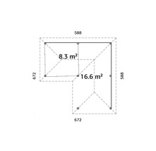 Grundriss eines Gartenhauses mit Flächenangaben 8.3 Quadratmeter und 16.6 Quadratmeter und Größenangaben