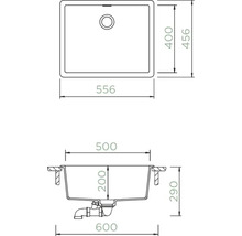 Technische Zeichnung einer Spüle mit Maßangaben