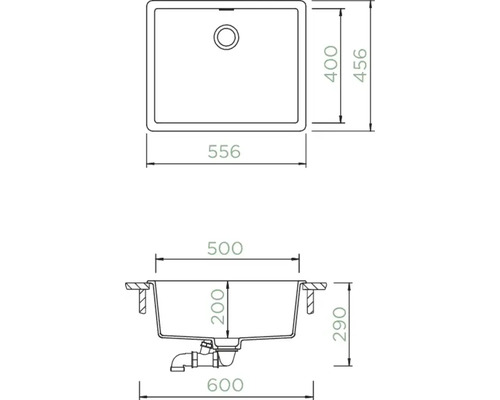 Technische Zeichnung einer Spüle mit Maßangaben
