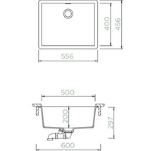 Zeichnung einer Küchenspüle mit Maßangaben.
