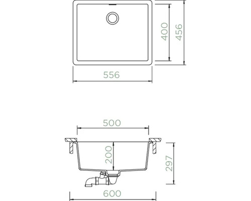 Zeichnung einer Küchenspüle mit Maßangaben.