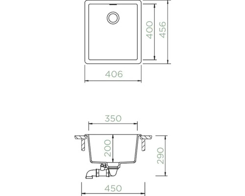Zeichnung einer Spüle mit Maßangaben