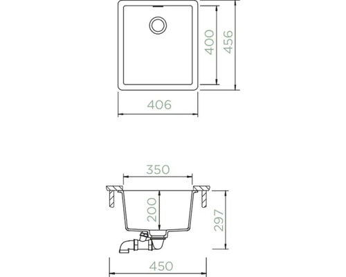 Zeichnung einer Spüle mit Maßangaben