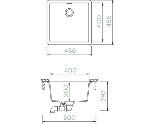 Zeichnung einer Spüle mit Maßangaben