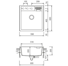 Technische Zeichnung einer Spüle mit Maßangaben