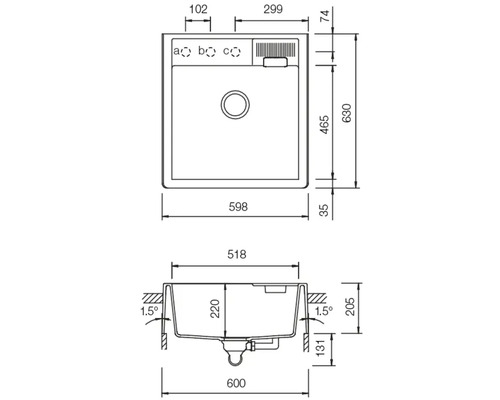 Technische Zeichnung einer Spüle mit Maßangaben
