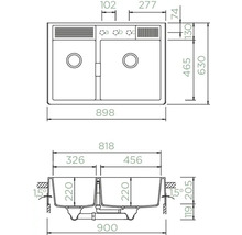 Technische Zeichnung einer Doppelspüle mit Maßangaben