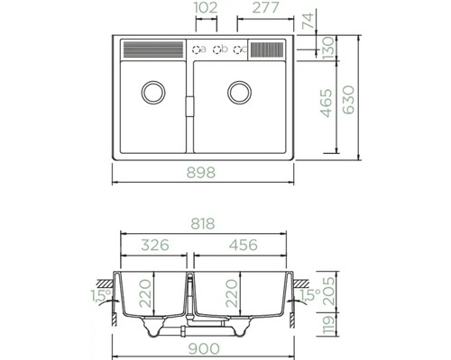 Technische Zeichnung einer Doppelspüle mit Maßangaben