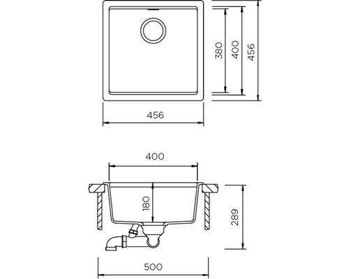 Technische Zeichnung einer Spüle mit Maßangaben
