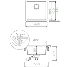 Technische Zeichnung einer Küchenspüle mit Maßangaben