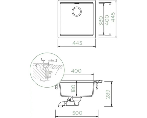Technische Zeichnung einer Küchenspüle mit Maßangaben
