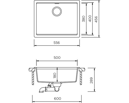 Technische Zeichnung einer Küchenspüle mit Maßangaben