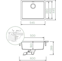 Technische Zeichnung einer Küchenspüle mit Maßangaben.