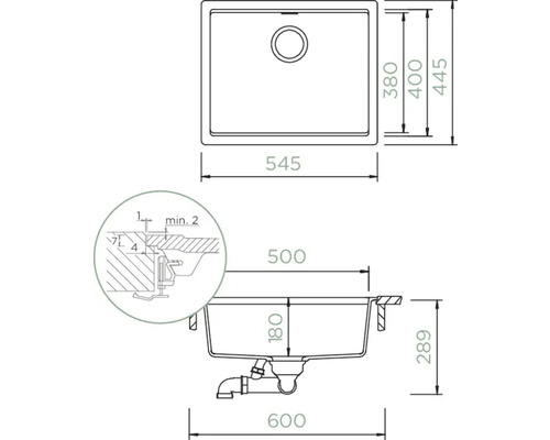 Technische Zeichnung einer Küchenspüle mit Maßangaben.