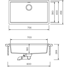 Technische Zeichnung einer Spüle mit Maßangaben