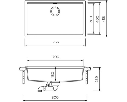 Technische Zeichnung einer Spüle mit Maßangaben