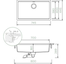 Technische Zeichnung einer Spüle mit Maßangaben