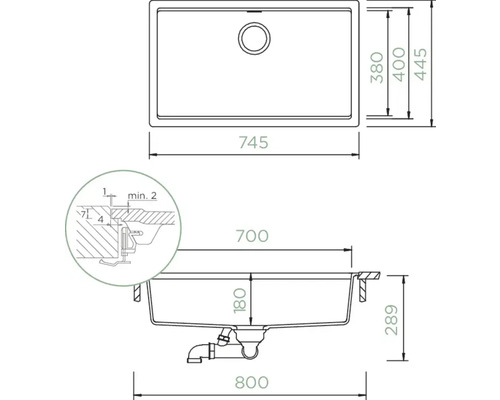 Technische Zeichnung einer Spüle mit Maßangaben