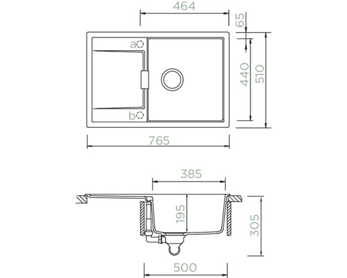 Zeichnung einer Spüle mit Maßangaben