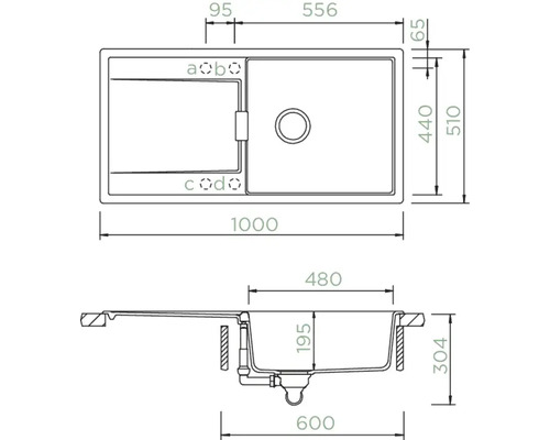 Technische Zeichnung einer Spüle mit Abmessungen