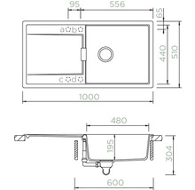 Technische Zeichnung einer Spüle mit den dazugehörigen Maßen.