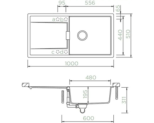 Technische Zeichnung einer Spüle mit Maßangaben