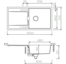 Technische Zeichnung einer Spüle mit Abmessungen