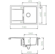Technische Zeichnung einer Spüle mit Abmessungen.