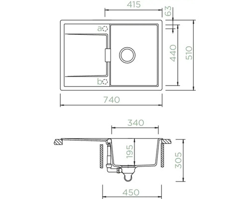 Technische Zeichnung einer Spüle mit Maßangaben