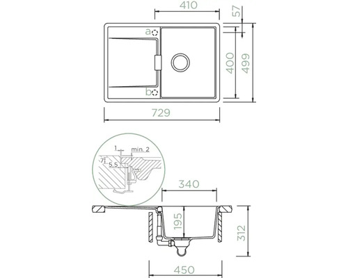 Technische Zeichnung einer Spüle mit Maßangaben.