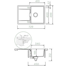 Zeichnung einer Spüle mit Maßangaben.