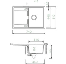 Zeichnung einer Spüle mit Abmessungen.