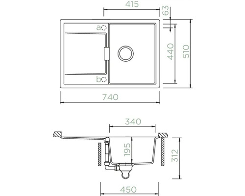 Zeichnung einer Spüle mit Abmessungen.