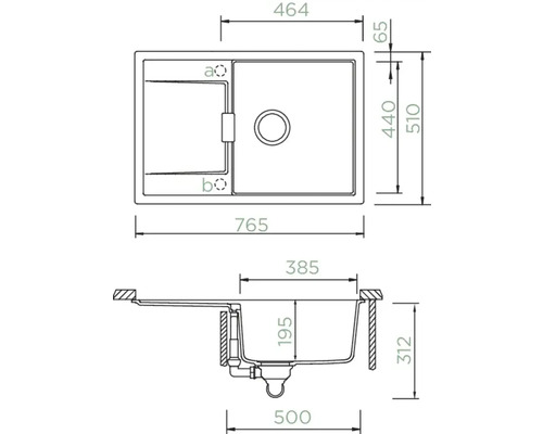 Technische Zeichnung einer Spüle mit Abmessungen