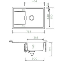 Technische Zeichnung einer Spüle mit Becken und Abtropffläche sowie Maßangaben