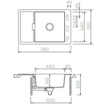 Technische Zeichnung vun engem Spull mat de Moossen 780 x 510 Millimeter.