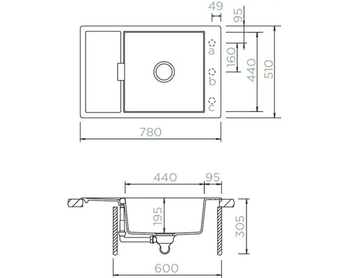 Technische Zeichnung vun engem Spull mat de Moossen 780 x 510 Millimeter.