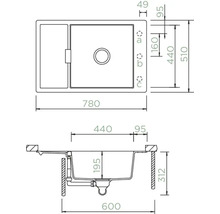 Technische Zeichnung einer Spüle mit Abmessungen.