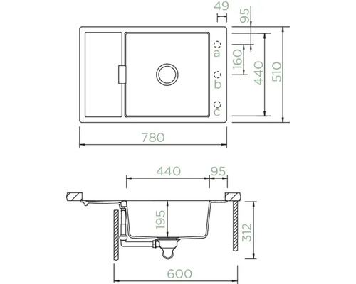 Technische Zeichnung einer Spüle mit Abmessungen.