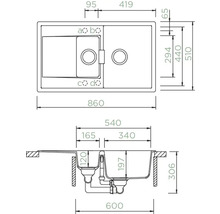 Technische Zeichnung einer Spüle mit den Maßen.